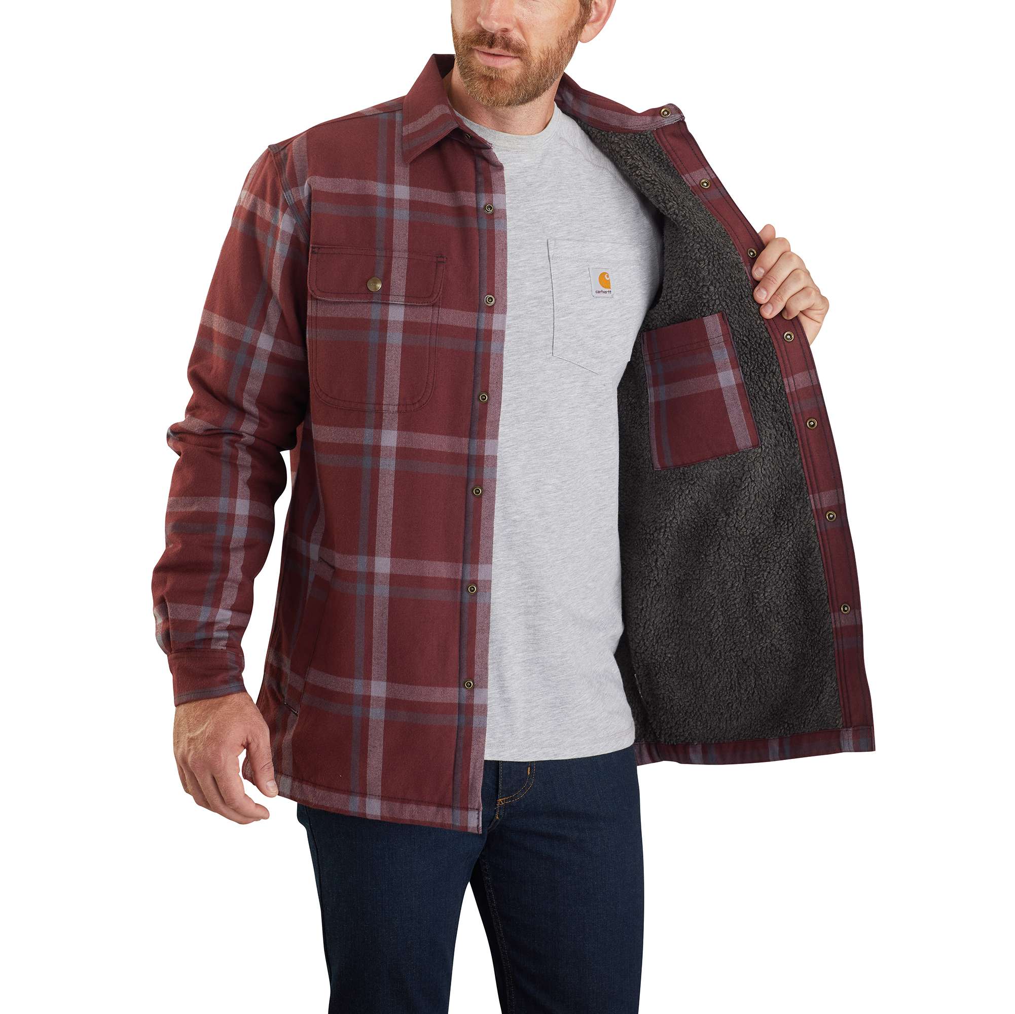 Carhartt® Relaxed Fit Flannel Sherpa-Lined Snap-Front Plaid Shirt Jac - Image 3