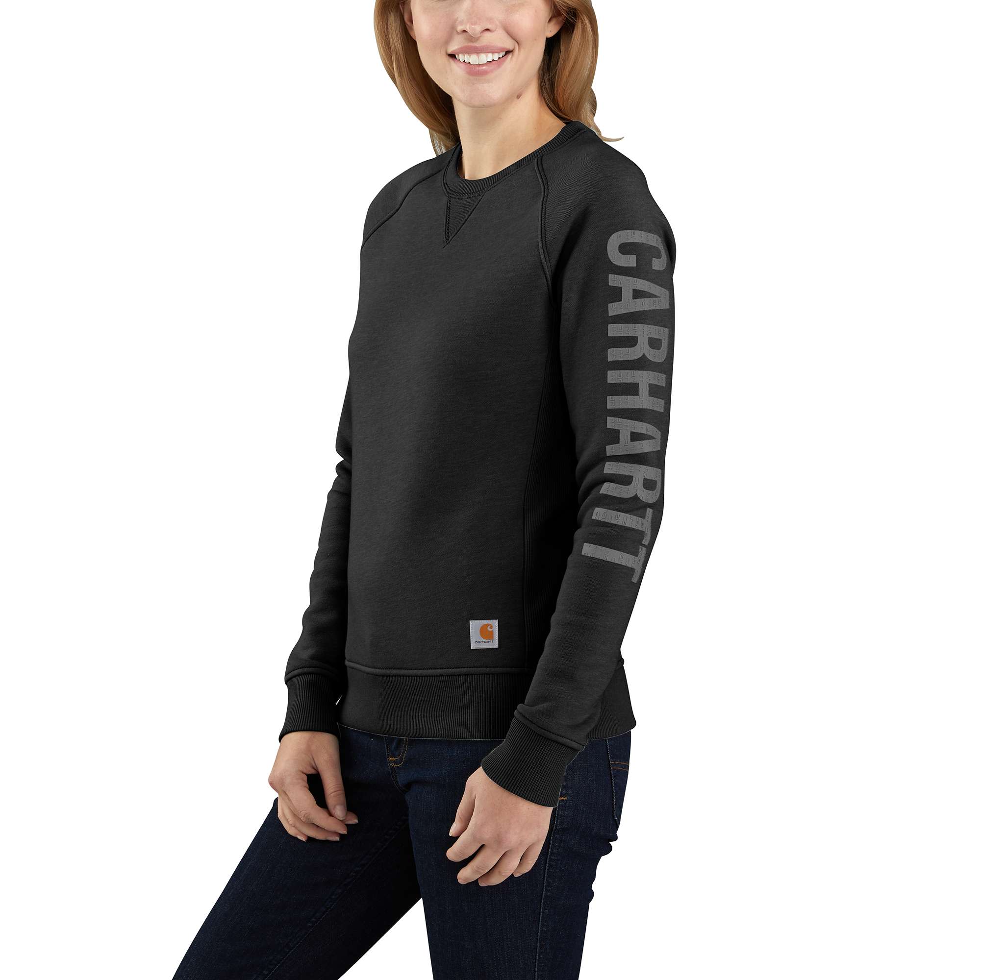 Women's Relaxed Fit Midweight Crewneck Block Logo Sleeve Graphic Sweatshirt