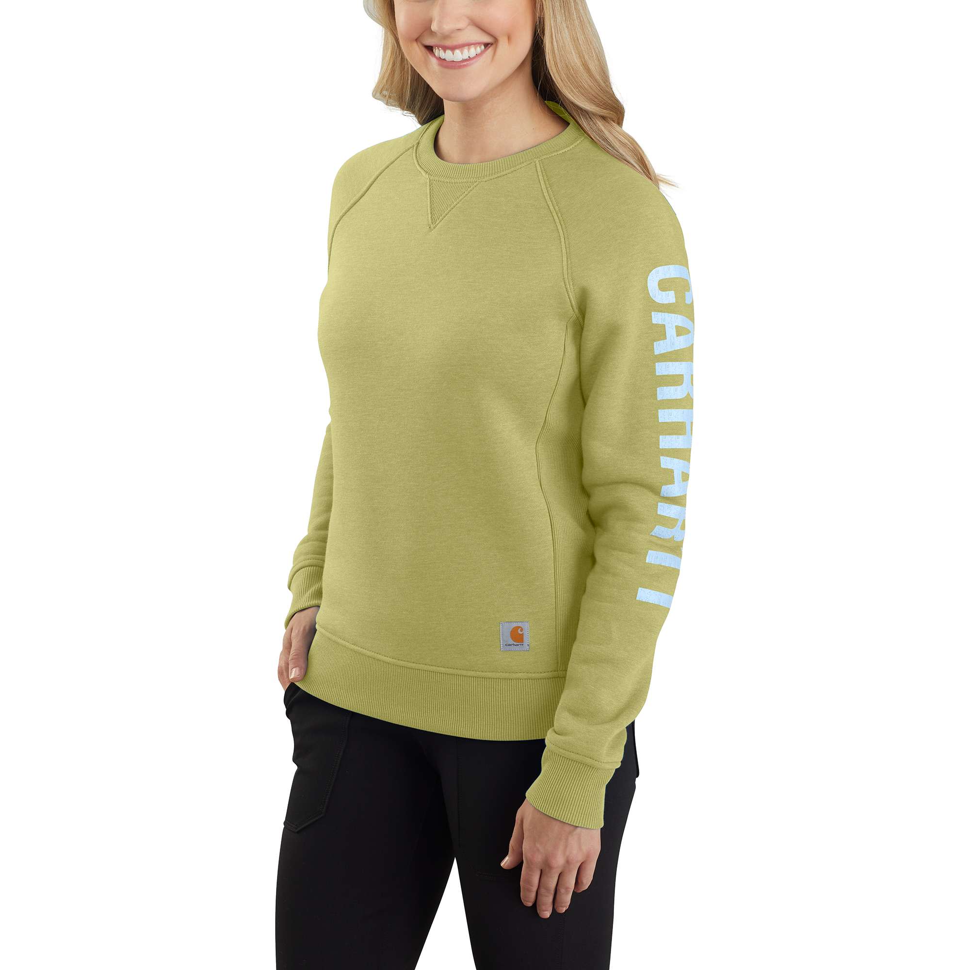 Women's Relaxed Fit Midweight Crewneck Block Logo Sleeve Graphic Sweatshirt