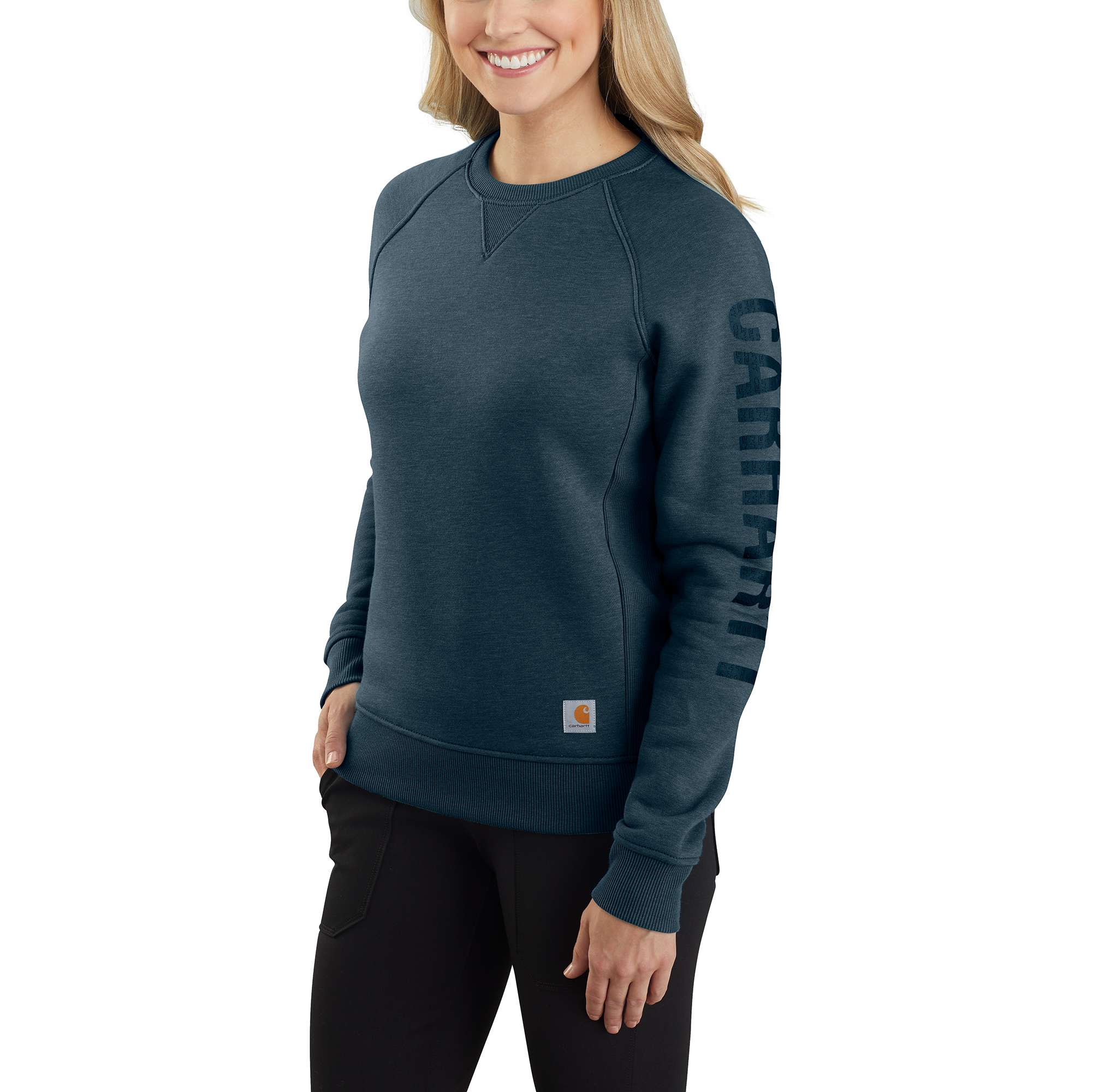 Women's Relaxed Fit Midweight Crewneck Block Logo Sleeve Graphic Sweatshirt