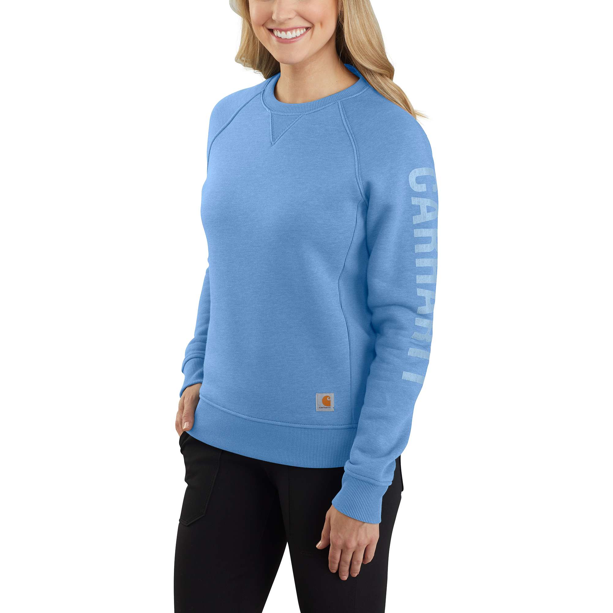 Women's Relaxed Fit Midweight Crewneck Block Logo Sleeve Graphic Sweatshirt