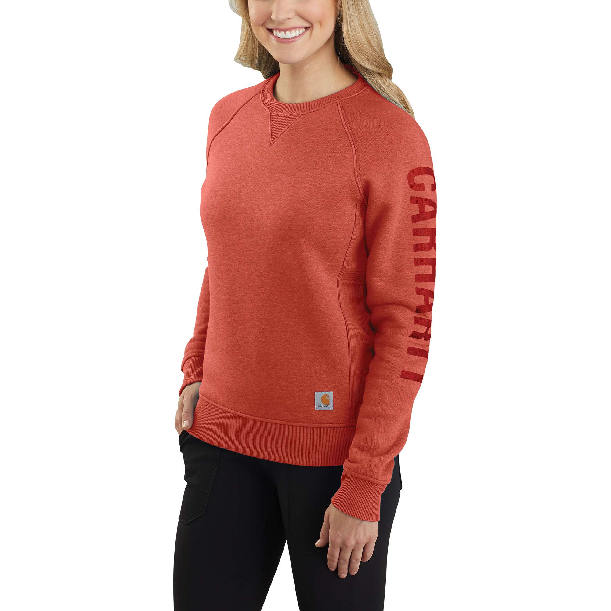 Women's Relaxed Fit Midweight Crewneck Block Logo Sleeve Graphic Sweatshirt